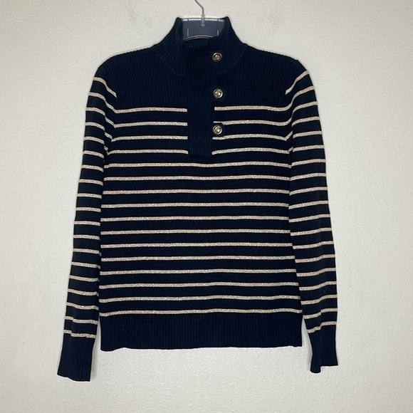 Lauren Ralph Lauren Black Gold Stripe Cotton Knit High Neck Sweater Small - Picture 1 of 6